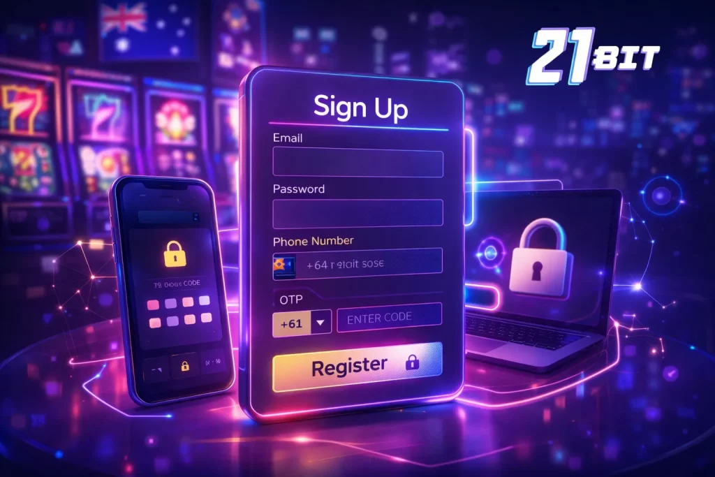 21bit Casino sign up banner with secure registration interface, mobile verification elements, and brand logo on a dark gaming background