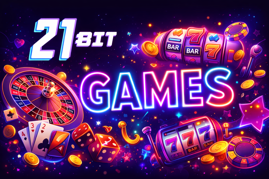 21bit Casino Games banner featuring neon casino interface, live tables, slot machines, and 21bit logo promoting online games experience