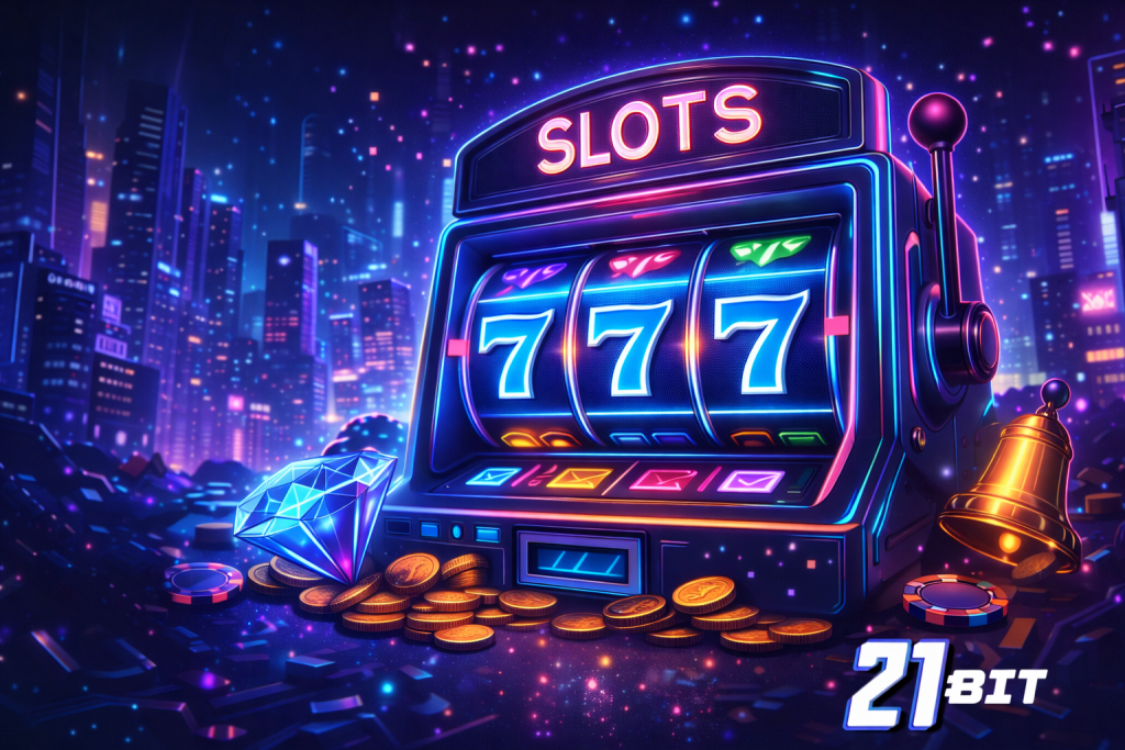 21bit Casino Slots banner featuring casino reels, jackpot symbols, neon gaming interface, and the 21bit logo on a dark themed background
