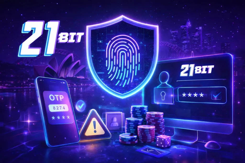 21bit Casino login banner showing secure account access interface with 21bit logo and mobile authentication elements