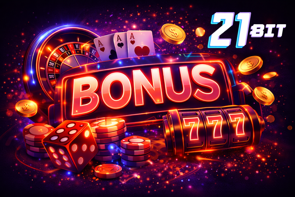 21bit Casino Bonus banner featuring the 21bit logo and a bold “Bonus” headline with casino-style graphics and promotional theme for Australian players.